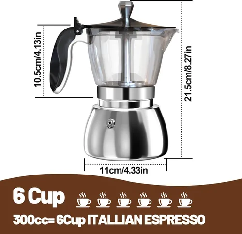 Miniatura 2 de Olla de plástico transparente de 6 tazas de acero inoxidable sin recubrimiento, cafetera italiana, cafetera moca greca, cafetera clásica