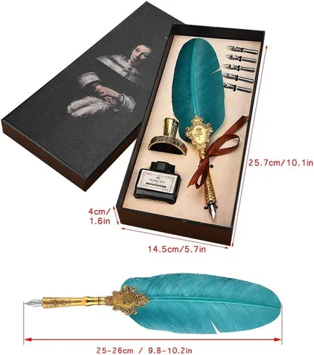 Miniatura 7 de AYNEFY Juego de bolígrafos de plumas, pluma de inmersión vintage, pluma de caligrafía con 5 puntas de repuesto, base de punta de pluma, botella