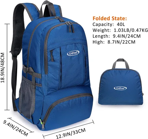 Miniatura 4 de G4Free Mochila de senderismo plegable ligera 40L, mochila de viaje impermeable Azul oscuro