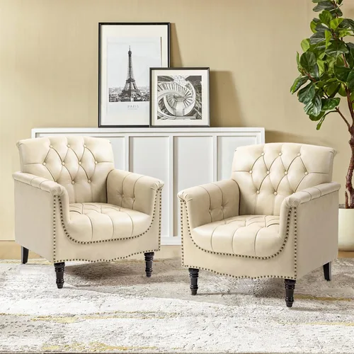 Miniatura 6 de Pia Ricco Silla decorativa moderna copetuda, sillón individual de piel sintética con ribete de cabeza de clavo y patas de madera, cómodo asiento