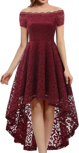 Dressystar Vestido tipo cóctel, de encaje, para mujer, vestido irregular con vuelo y hombros descubiertos, para dama de honor, fiesta formal