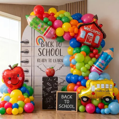 Miniatura 12 de Decoraciones de fiesta de cumpleaños con temática de circo e incluyen guirnalda de globos rojos, azules y amarillos y globos de papel de aluminio