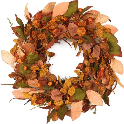 Corona de otoño con calabaza pequeña, bayas y hojas, 22 pulgadas, decoración de granja para interiores y exteriores