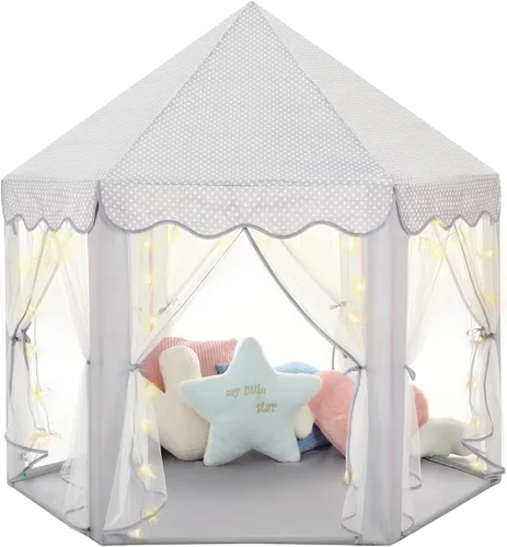 Miniatura 12 de Sumbababy - Tienda de campaña de castillo de princesa para niñas, de juego, hexagonal, azul, con luces de estrella de hadas, juguetes para niños