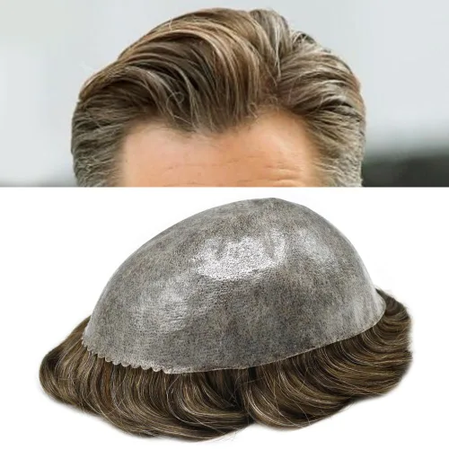 Miniatura 32 de Toupee para hombre completo polivinílico indio cabello humano tupé para hombres sistema de cabello natural para hombre 0.004 in inyección PU postizo