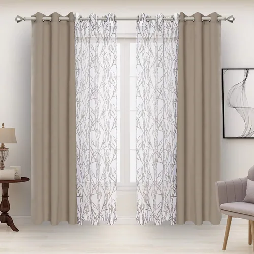 Miniatura 28 de BONZER Cortinas para Mezclar y Combinar - 2 Piezas de Cortinas Transparentes con Estampado de Ramas y 2 Piezas de Cortinas Opacas para Dormitorio