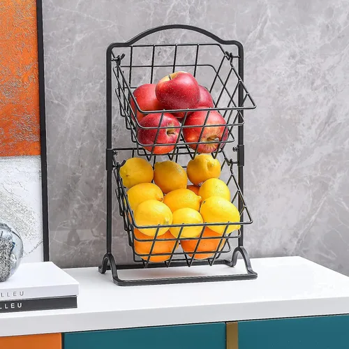 Miniatura 6 de Cesta de frutas de hierro de 2 niveles para encimera de cocina, pan, frutas y verduras, cesta de almacenamiento de alambre colgante para organizador