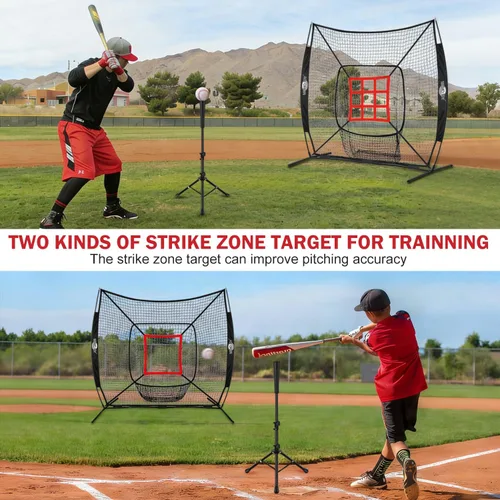 Miniatura 7 de Red de práctica de béisbol de 7 x 7 pies para golpear y lanzar, red de entrenamiento con zona de ataque grande o camiseta de bateo y objetivo de 9