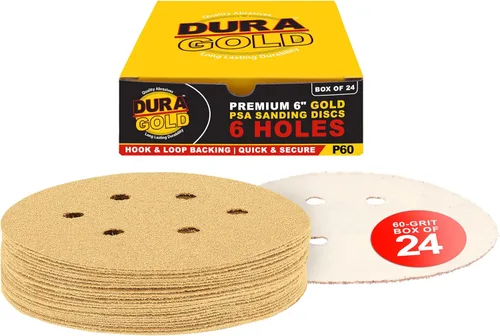Miniatura 19 de Dura-Gold Premium 80, 120, 220, 320, 400 discos de papel de lija dorados de 6 pulgadas, patrón de 6 agujeros, sin polvo, 10 cada uno, 50 en total