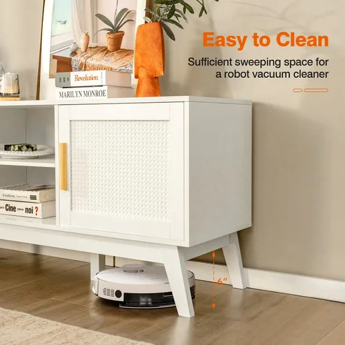 Miniatura 8 de Tangkula Soporte de TV de ratán para televisores de hasta 65 pulgadas, mesa consola de TV multimedia con estante ajustable, gabinetes de 2 puertas