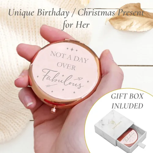 Miniatura 4 de CV CHARVORIA Regalos de cumpleaños para mujer, espejo compacto de oro rosa con texto en inglés "Not a Day Over Fabulous", ideas de regalo