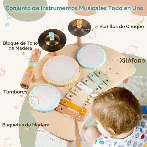 Miniatura 4 de Juego de batería Montessori para niños pequeños de 1 a 3 años, kit de batería de madera para bebé con xilófono, juguetes de música preescolar