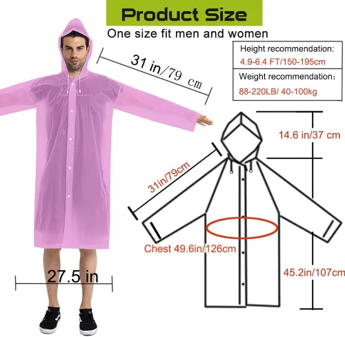 Miniatura 36 de Abrigos de lluvia (paquete de 2) – Ponchos de lluvia reutilizables de EVA para adultos, chaquetas impermeables para hombres y mujeres