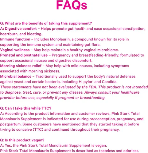 Miniatura 8 de Pink Stork Suplemento total de monolaurina para la salud intestinal, náuseas matutinas, apoyo inmunológico y salud vaginal para mujeres, bienestar