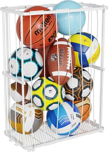 Garage Ball Storage, Wall-Mounted & Floor Ball Holder with Elastic Rope, Sports Equipment Organize Ball Rack for Basketball, Soccer, Volleyball,