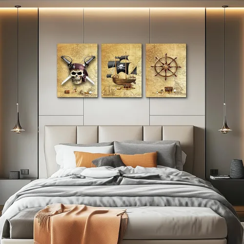 Miniatura 7 de Barco pirata y timones - Lienzo decorativo para pared de sala de estar, dormitorio, decoración de pared, decoración de pared de baño, decoración