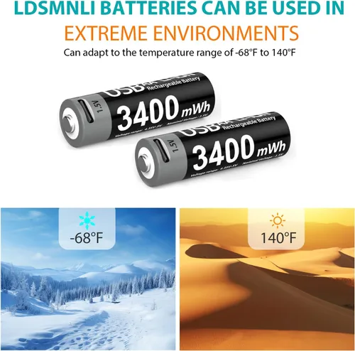 Miniatura 4 de Paquete de 4 baterías de litio recargables AA con cable de carga USB-C, 1000 ciclos, 1.5 V, 3400 mWh, baterías dobles A