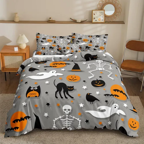Miniatura 42 de Juego de funda de edredón de calabaza para Halloween, divertido diseño de calabaza malvada, color negro, juego de ropa de cama Tiwn 1 funda