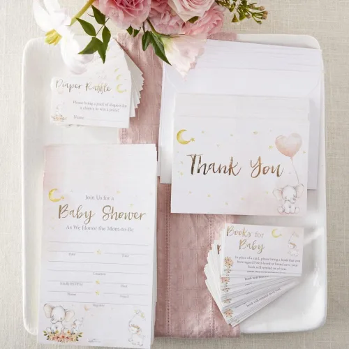 Kate Aspen Paquete de invitación y tarjeta de agradecimiento para baby shower de elefante, color rosa (juego de 25), talla única Elefante rosado