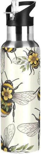 Insulated Stainless Steel Water Bottle with Straw 20 Oz, Leakproof Water Bottles for Gym Outdoor Travel School, Yellow Flowers Leaves Wings