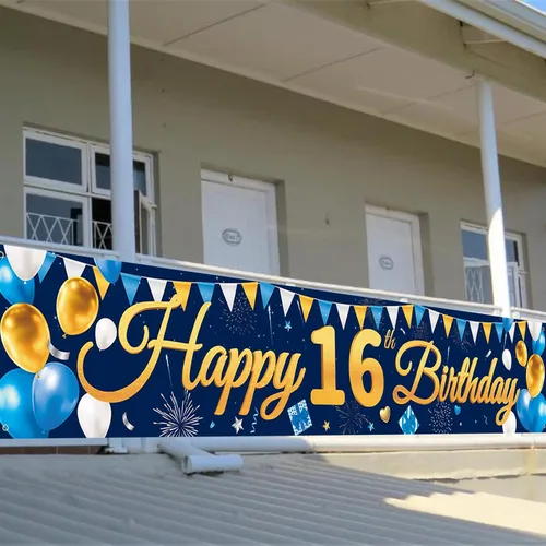 Miniatura 6 de Cartel grande de feliz cumpleaños número 16, cartel de cumpleaños azul dorado 16, suministros de decoración de fiesta de 16 años para niños y niños