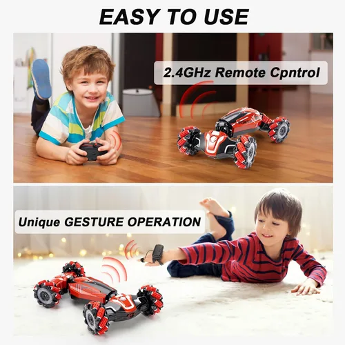 Miniatura 9 de Auto de acrobacias RC con detección de gestos, vehículo de control remoto con tracción en las 4 ruedas, vehículo todo terreno con derrape Rojo