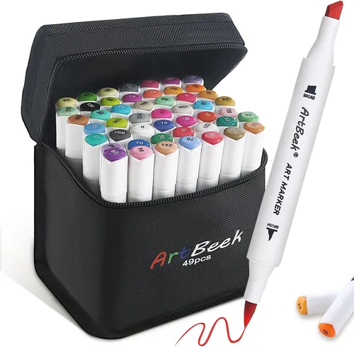 ArtBeek Marcadores de alcohol, punta de pincel, 48 marcadores para colorear para adultos, sin sangrado, con 1 licuadora y estuche, punta doble