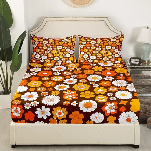 Miniatura 4 de Feelyou Juego de sábanas Groovy de los años 60 y 70 para niños, diseño retro de flores hippie con bolsillo profundo, sábana bajera vintage, bohemio
