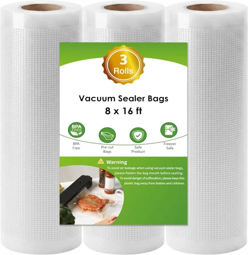 Moretoes Vacuum Sealer Bags 3 Rolls 8" x 16' for Food Saver, Commercial Grade Bag Rolls, BPA Free, Customized Size Bag for Sous Vide Cooking or Meal