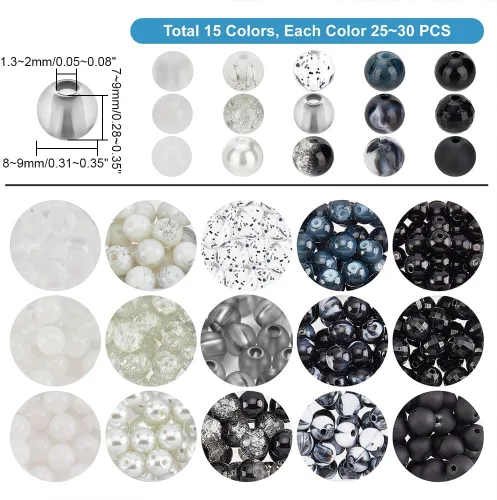 Miniatura 4 de PH PandaHall 450 cuentas de cristal de mármol de 0.315 pulgadas – 15 colores negro y blanco cuentas sueltas de acrílico opaco, espaciadores