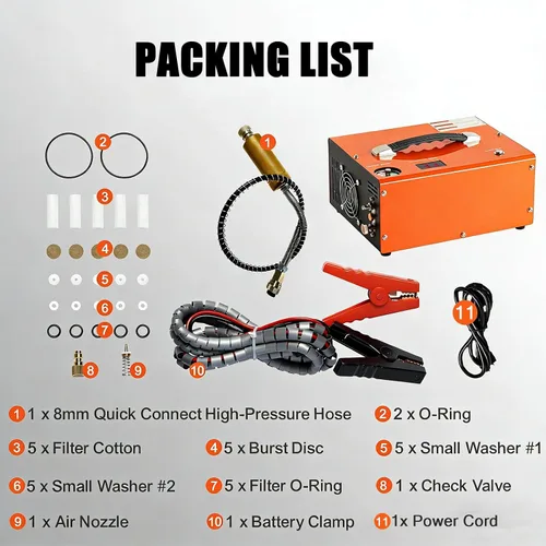 Miniatura 7 de Compresor de aire PCP 4500Psi/30Mpa, bomba de llenado rápido sin aceite de 300 W con apagado automático, doble potencia 12 V CC y 110 V CA