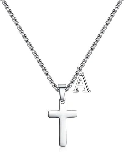Collar de cruz con inicial para niños y hombres, de acero inoxidable, dije de cruz con letra inicial, joyería para primera comunión, regalos de