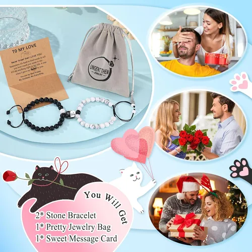 Miniatura 6 de UNGENT THEM Pulseras a juego con diseño de gato lindo para parejas, regalo de Navidad, aniversario, cumpleaños, "I Love You", para mujeres y hombres