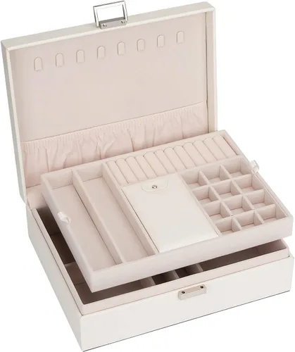 Miniatura 7 de Caja organizadora de joyas para niñas y mujeres, estuche de viaje grande de doble capa con caja de regalocolor blanco
