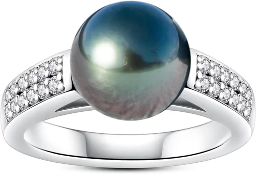 Anillo de perlas negras de Tahití de calidad AAA, perla cultivada natural del mar del sur, 0.36 cttw moissanita, anillos de plata esterlina S925