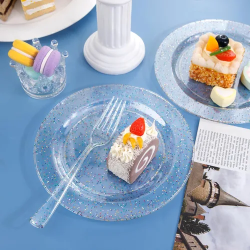 Miniatura 7 de Liacere 100 piezas de platos de plástico con purpurina de colores - transparentes - platos de postre - platos de cena de 7.5 pulgadas con purpurina
