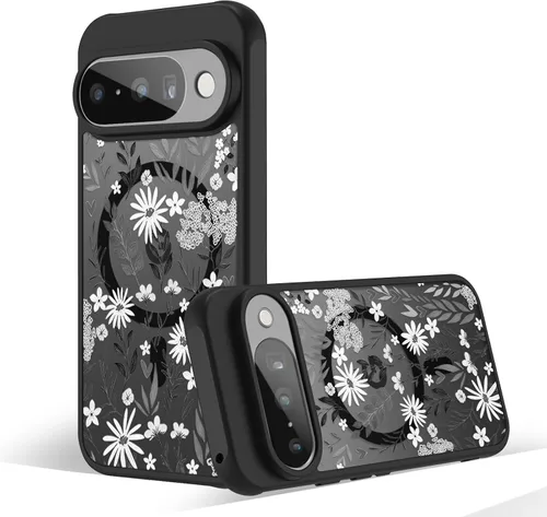 Miniatura 33 de Funda magnética para Google Pixel 10A [Compatible con MagSafe] Funda con patrón floral de flores negras para mujeres y niñas, con borde de TPU Rama