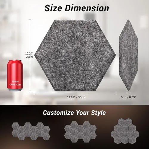 Miniatura 5 de Paquete de 12 paneles acústicos hexagonales, TONOR paneles de 12 x 10 x 0.4 pulgadas de alta densidad con aislamiento de sonido para paredes, Gris