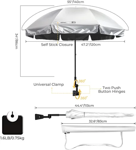 Miniatura 2 de Prospo Sombrilla para silla de playa con abrazadera ajustable universal, protección UV, sombrilla para exteriores, cochecitos, sillas de ruedas