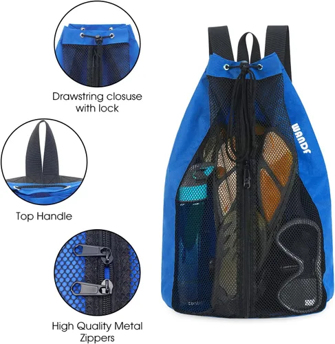 Miniatura 6 de WANDF Bolsa de Natación Mochila de Malla con Cordón Mochila de Playa para Natación, Gimnasio y Equipo de Entrenamiento Azul marino con bolsillo