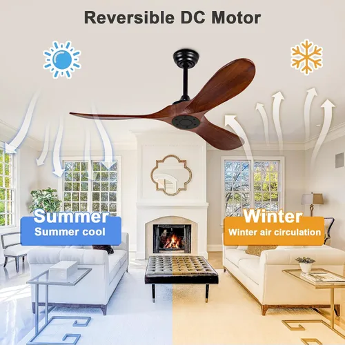 Miniatura 3 de Ventilador de techo de 52 pulgadas sin luz, con control remoto, motor CC reversible, con 3 aspas de madera maciza, para patio, sala de estar, Nogal