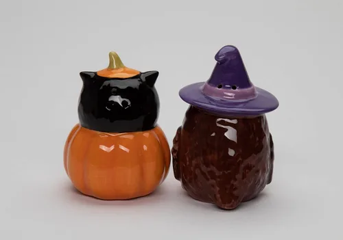 Miniatura 4 de Juego de salero y pimentero de cerámica fina para Halloween, búho bruja y calabaza, 2-7/8 pulgadas de alto