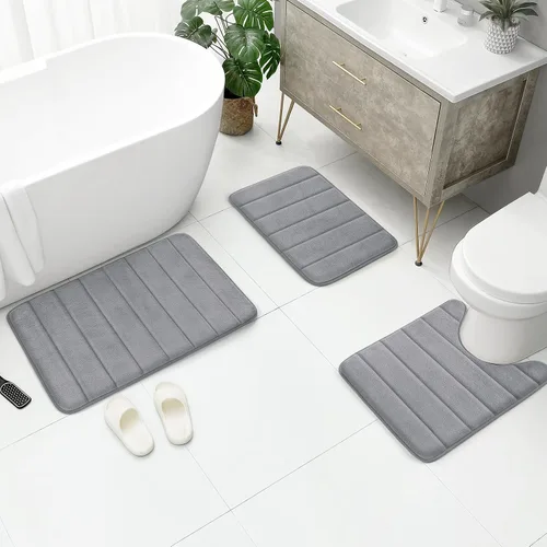 Miniatura 2 de BYSURE Juego de 3 tapetes de baño de espuma viscoelástica color gris, antideslizantes, extra suaves, absorbentes, lavables a máquina y secos