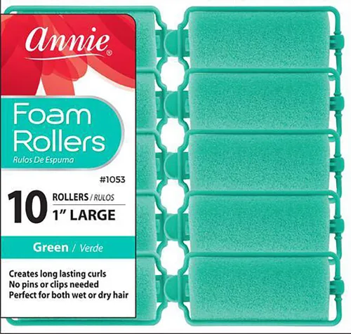 Annie Rodillos de espuma grandes de 1 pulgada, 10 unidades, rizadores de esponja suave verde para rizos y ondas sin calor, no necesita alfileres ni