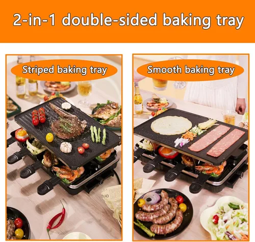 Miniatura 6 de Parrilla de barbacoa coreana 2 en 1, parrilla eléctrica antiadherente Raclette con 8 sartenes de raclette, temperatura ajustable de 1300 W