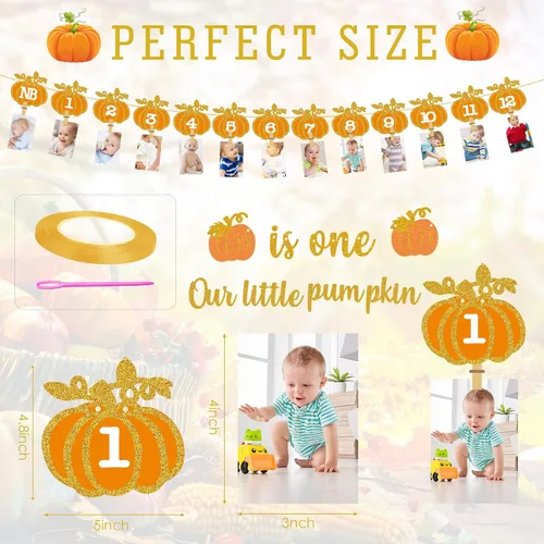 Miniatura 2 de Cartel de fotos de calabaza de otoño para el primer cumpleaños, pancarta de fotos de calabaza de otoño para recién nacidos a 12 meses, guirnalda
