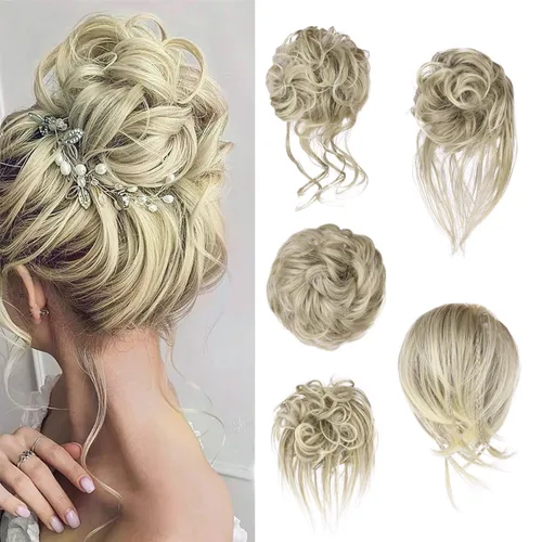 Miniatura 9 de 5 piezas de extensiones de cabello para moños desordenados con banda elástica de goma para mujeres, extensiones de cola de caballo con horquillas