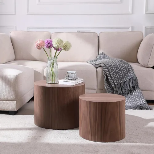 Miniatura 4 de Juego de 2 mesas auxiliares redondas, mesa auxiliar anidable y mesa auxiliar de madera con tambor circular pequeño para sala de estar, oficina, sin