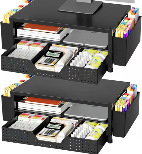 Miniatura 13 de OPNICE - Organizadores y accesorios de escritorio, con soporte de monitor de computadora de 2 niveles, cajón y 2 soportes para bolígrafos, Roble