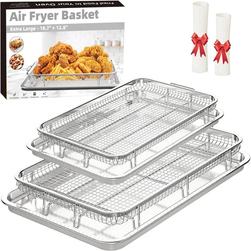 Cesta de Freidora de Aire para Horno, Juego de 2 Bandejas de Freidora de Aire y Bandeja Crujiente con 60 Piezas de Papel Pergamino, Cesta y Bandeja